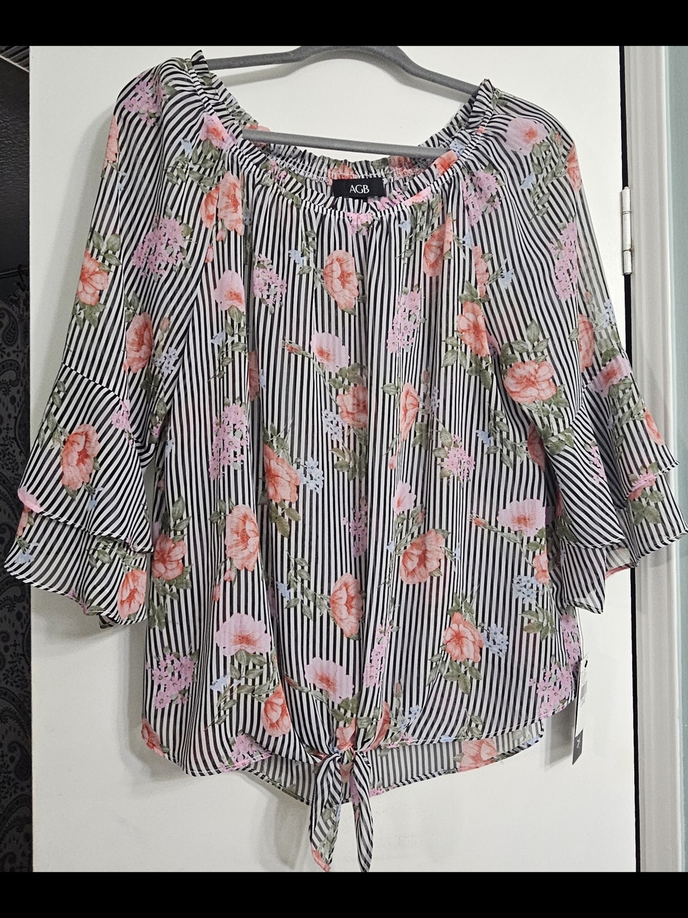 AGB Black & White Striped Off-Shoulder Blouse with Pink Floral Print